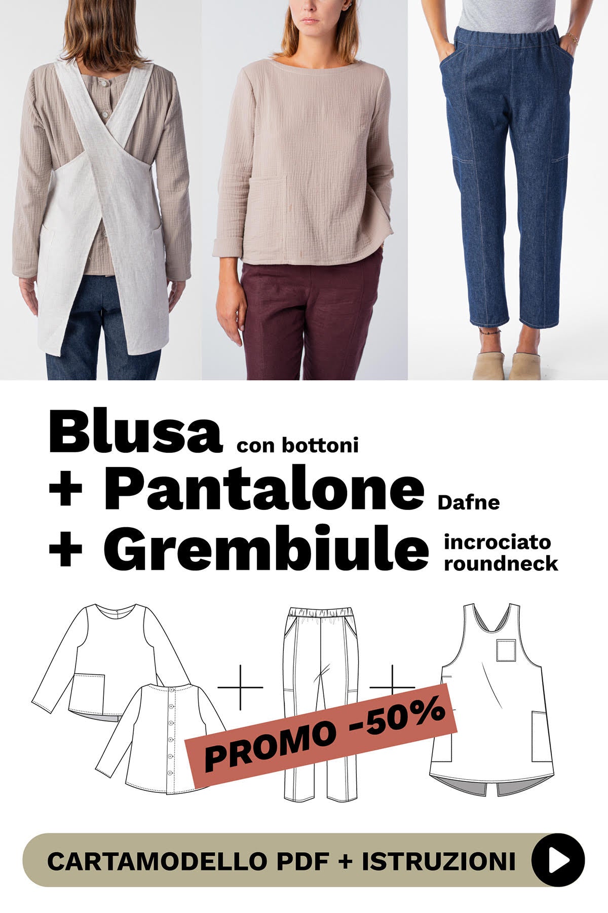 PROMO SET 3 CARTAMODELLI: Grembiule + Blusa + Pantalone